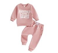 Loalirando Aunties Little Bestie Baby Boys Pants Set Long Sleeve Crew Neck Letters Print Sweatshirt Top with Elastic Waist Sweatpants Infant Spring Sweatsuit (Pink, 12-18 Months)