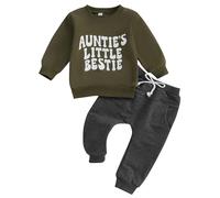 Loalirando Aunties Little Bestie Baby Boys Pants Set Long Sleeve Crew Neck Letters Print Sweatshirt Top with Elastic Waist Sweatpants Infant Spring Sweatsuit (Army Green, 6-12 Months)