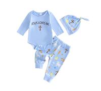 Loalirando Baby Boy Easter Outfit Jesus Loves Me Long Sleeve Romper + Jogger Pants + Hat Infant 3Pcs Clothing Sets Newborn First Easter Clothes 0-18 Months (Blue, 6-12 Months)
