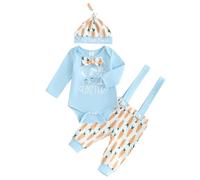 Loalirando Baby Boys My 1st First Easter Outfits 3pcs Set Long Sleeve Easter Bunny Letters My First Easter Print Romper Bodysuit Spaghetti Straps Trousers with Hat (Blue, 0-3 Months)