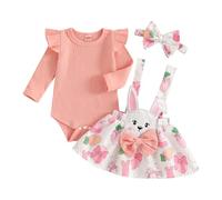 Loalirando Baby Girl Easter Clothes Set Ruffle Long Sleeve Solid Color Romper Rabbit Embroidery Suspender Skirts Overall Headband 3Pcs Newborn Bunny Outfit (Pink, 6-12 Months)