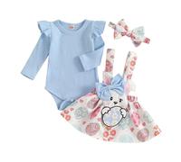 Loalirando Baby Girl Easter Clothes Set Ruffle Long Sleeve Solid Color Romper Rabbit Embroidery Suspender Skirts Overall Headband 3Pcs Newborn Bunny Outfit (Blue, 6-12 Months)