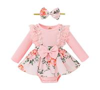 Loalirando Baby Girls Casual Romper Floral Dress Round Neck Ruffle Shoulder Long Sleeve Floral Skirt Hem Bodysuit with Bowknot Headband Infant Daily Onesies Clothes (Pink, 0-3 Months)
