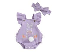 Loalirando Easter Infant Newborn Baby Girl Rompers Fly Sleeve Round Neck Sleeveless Rabbit Print Jumpsuit Headband Outfits 2Pcs Clothes (Purple, 3-6 Months)