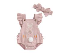 Loalirando Easter Infant Newborn Baby Girl Rompers Fly Sleeve Round Neck Sleeveless Rabbit Print Jumpsuit Headband Outfits 2Pcs Clothes (Pink, 0-3 Months)