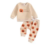 Loalirando Girls Boys 2-piece Outfit, Long Sleeve Crew Neck Embroidery Ghost/Pumpkin Sweatshirt with Sweatpants Halloween Clothes