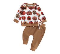 Loalirando Girls Boys 2-piece Outfit, Long Sleeve Crew Neck Embroidery Ghost/Pumpkin Sweatshirt with Sweatpants Halloween Clothes