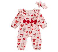 Loalirando Infant Baby Girl Valentine’s Day Romper Heart Bow Print Ruffled Long Sleeve Jumpsuits Headband Coming Newborn Home Clothes (Red, 6-9 Months)