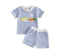 Loalirando Kids Boys Easter Outfit Toddler Summer Clothes Striped Short Sleeve Bunny Carrot Train Embroidery T-Shirt and Shorts 2Pcs Set (Blue, 18-24 Months)