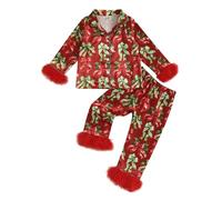 Loalirando Kids Girl Satin Pajamas Set Bow Gingerbread Man Print Lapel Long Sleeve Button Down Tops with Pants Christmas Toddler 2Piece Pajamas Set (Red Bow, 3-4 Years)