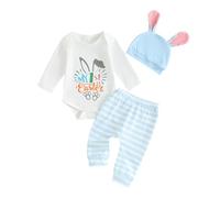 Loalirando My 1st Easter Baby Girl Boy Outfit Long Sleeve Romper Bunny Print Romper Tops Striped Pants Ears Hat 3PCS Clothes Set (White, 0-3 Months)