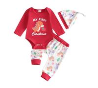 Loalirando My First Christmas Newborn Baby Boy Outfit Clothes Xmas Clothing | 95% Cotton, Dinosaur Print, Long Sleeve Romper With Snaps, Elasticated Waist Trouser And Hat