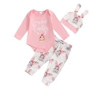 Loalirando My First Easter 3Pcs Outfits Long Sleeve Round Neck Letters Bunny Print Romper with Rabbit Trousers and Hat Newborn Spring Clothes Set (Pink, 12-18 Months)