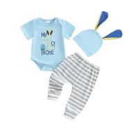 Loalirando My First Easter Baby Boy Outfit Egg Number Embroidery Short Sleeve Round Neck Romper with Stripe Pants and Bunny Ears Hat Newborn Summer Clothes (Blue, 3-6 Months)