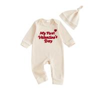 Loalirando My First Valentines Day Baby Boy Clothes Outfit Embroidered Letter Romper Long Sleeve Jumpsuit With Hat Newborn Boys Valentine Clothing (Apricot, Newborn)