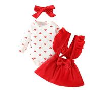 Loalirando My First Valentines Day Baby Girl Outfits Ruffle Long Sleeve Heart Prind Romper Corduroy Strap Suspenders Skirt Headband Clothes Sets (Red, 6-9 Months)