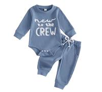 Loalirando Newborn Baby Boy Clothes Mama's Boy Long Sleeve Romper Jogger Pants Boys 2 Pcs Clothing Sets Infant Fall Outfit Casual Waffled Tracksuit 0-18 Months (Blue New to the Crew, 0-3 Months)