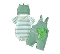 Loalirando Newborn Baby Boy Clothes Outfit Striped Short Sleeve Romper Embroidered Elephant/Dinosaur Overalls Pants Hat Spring Summer 3Pcs Clothing Set (Green, 6-12 Months)