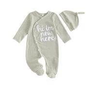 Loalirando Newborn Baby Boy Coming Home Outfit Clothes Footies Romper Hat | Hi Im New Here Letter Embroidery, Long Sleeve, Diagonally Arranged Buttons, Striped, Footed Jumpsuit