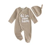 Loalirando Newborn Baby Boy Coming Home Outfit Clothes Footies Romper Hat | Hi Im New Here Letter Embroidery, Long Sleeve, Diagonally Arranged Buttons, Striped, Footed Jumpsuit