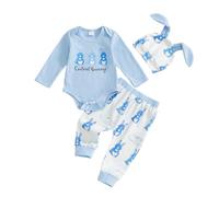 Loalirando Newborn Baby Boy Girl Easter Clothes Outfits Bunny Ribbed Long Sleeve Romper Trouser Hat Rabbit Clothing Set (Blue, 0-3 Months)