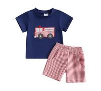 Loalirando Newborn Baby Boy Summer Sweatsuit Short Sleeve Fire Truck Embroidery Sweatshirt Top+ Elastic Waist Short Pants Set Summer Toddler Outfit (Blue, 12-18 Months)