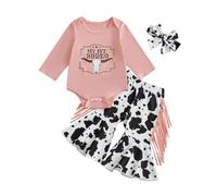 Loalirando Newborn Baby Girl 3Pcs Outfit Long Sleeve Bull Head Print Sweatshirt Tops Romper with Cow Print Flare Pants with Tassels Headband Fall Winter Clothes (Pink, 12-18 Months)