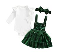 Loalirando Newborn Baby Girl Christmas/Valentine's Day Suspender Skirt Set Knit Ribbed Long Sleeve Romper Velvet Ruffles Overall Skirt Headband 3Pcs Fall Winter Clothes Set (Green, 3-6 Months)