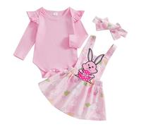 Loalirando Newborn Baby Girl Easter Spring Outfits Ribbed Long Sleeve Crew Neck Bunny Embroidery Romper Overall Suspender Skirt Bow Headband Set (Pink, 6-12 Months)
