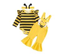 Loalirando Newborn Baby Girl Spring Clothes Set Striped Long Sleeve Romper Jumpsuit Bee Patch Long Flare Suspender Overalls Headband Outfits (Yellow, 9-12 Months)