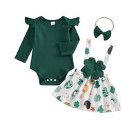 Loalirando Newborn Baby Girl St. Patrick's Day Spring Outfit Solid Ribbed Long Sleeve Romper with Shamrock Print Suspender Skirt Bow Headband Irish Clothes (Green, 6-9 Months)