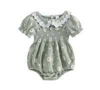 Loalirando Newborn Baby Girl Summer Clothes Outfit Bubble Cotton Romper Short Sleeve Daisy Print Smocked Onesie Top (Green, 0-3 Months)