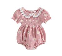 Loalirando Newborn Baby Girl Summer Clothes Outfit Bubble Cotton Romper Short Sleeve Daisy Print Smocked Onesie Top (Pink, 0-3 Months)