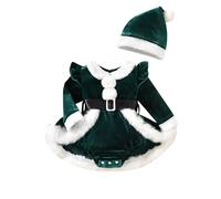 Loalirando Newborn Baby Girls Christmas Fluffy Romper Dress with Santa Hat Long Sleeve Ruffle Shoulder Tutu Skirt Hem Red Velvet Bodysuit Girls Santa Claus Outfits Set (Green, 12-18 Months)