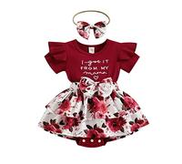 Loalirando Newborn Baby Girls Floral Romper Dress Ruffle Shoulder Short Sleeve Letters I Got It from My Mama Print Tutu Layered Flowers Skirt Hem Bodysuit Oneises with Headband (Wine Red, 0-6 Months)