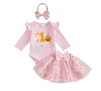Loalirando Newborn Baby Girls Her First Halloween Outfits Set 3PCS Long Sleeve MY 1st Halloween Ghost Pumpkin Print Romper Tops Mesh Tutu Skirt with Headband Halloween Clothes Set (Pink, 6-9 Months)