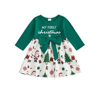 Loalirando Newborn Baby Girls My First Christmas Bowknot Dress Long Sleeve Round Neckline Letters Print Santa Claus Graphic A-Line Hem Midi Xmas Dress (Green, 9-12 Months)