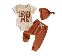Loalirando Newborn Boy Baby Grow Clothes Jesus Loves Me Short Sleeve Romper Jogger Pants Hat Infant 3 Pcs Clothing Sets Boys Casual Playsuit 0-18 Months (Khaki, 3-6 Months)