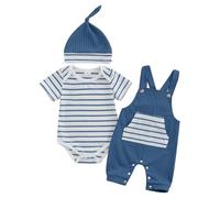 Loalirando Newborn Boys Summer Outfits Stripe Short Sleeve Romper Sweatshirt Overalls Suspender Jogger Pants Hat 3Pcs Coming Home Tracksuit (Blue, 6-9 Months)
