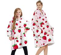Loalirando Oversized Hoodie Blanket Fluffy Fleece Oodie Blanket Hoodie for Women Men Kids Wearable Hooded Blanket with Big Pocket Family Matching (Pink - Strawberry, One Size)