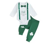 Loalirando St. Patrick 's Day Outfit Clothes Set Newborn Infant Baby Boys Girls My 1st St.Patrick's Day Gentleman Bow Tie Romper Shamrocks Suspenders Pants Hat Outfits (White4, 0-3 Months)