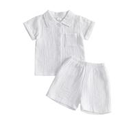 Loalirando Toddler Baby Boy Summer Outfits Bubble Cotton Clothes Short Sleeve Button Down Lapel Collar Shirt Top Shorts Matching Clothing Set (White, 0-6 Months)
