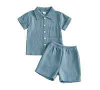 Loalirando Toddler Baby Boy Summer Outfits Bubble Cotton Clothes Short Sleeve Button Down Lapel Collar Shirt Top Shorts Matching Clothing Set (Blue, 6-12 Months)
