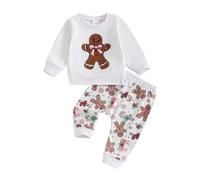 Loalirando Toddler Baby Boys Girls Christmas Outfit Embroidery Long Sleeve Sweatshirt with Gingerbread Man Print Sweatpants Set Fall Winter Xmas Clothes (White, 2-3 Years)