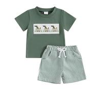Loalirando Toddler Baby Boys Summer Outfits Tree/Duck/Shark Short Sleeve T-shirts Sweatshirt Striped Elastic Waist Shorts Set Infant Going Home Sweatsuit (Army Green, 3-4T)