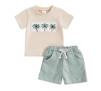 Loalirando Toddler Baby Boys Summer Outfits Tree/Duck/Shark Short Sleeve T-shirts Sweatshirt Striped Elastic Waist Shorts Set Infant Going Home Sweatsuit
