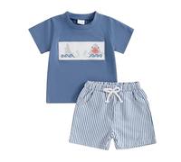 Loalirando Toddler Baby Boys Summer Outfits Tree/Duck/Shark Short Sleeve T-shirts Sweatshirt Striped Elastic Waist Shorts Set Infant Going Home Sweatsuit (Sky Blue, 0-6 Months)