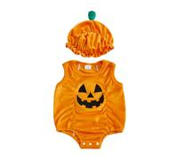 Loalirando Toddler Baby Cute Pumpkin Romper Sleeveless Round Neck Bodysuit with Hat 2 Pcs Set Clothes Halloween Outfit (Orange, 0-3 Months)