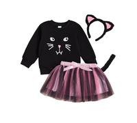 Loalirando Toddler Baby Girl 4Pcs Clothes Set Cute Black Cat Long Sleeve Pullover Sweatshirt + Tutu Tulle Skirt + Tail + Hairpin Halloween Outfit (Black, 12-18 Months)