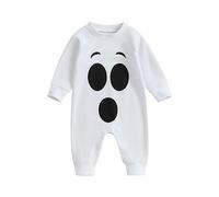 Loalirando Toddler Baby Girls Boys My First Halloween Romper Pumpkin/Ghost Print Long Sleeve Round Neck Jumpsuit Bodysuit Fall Costume Clothes (White Ghost, 0-3 Months)